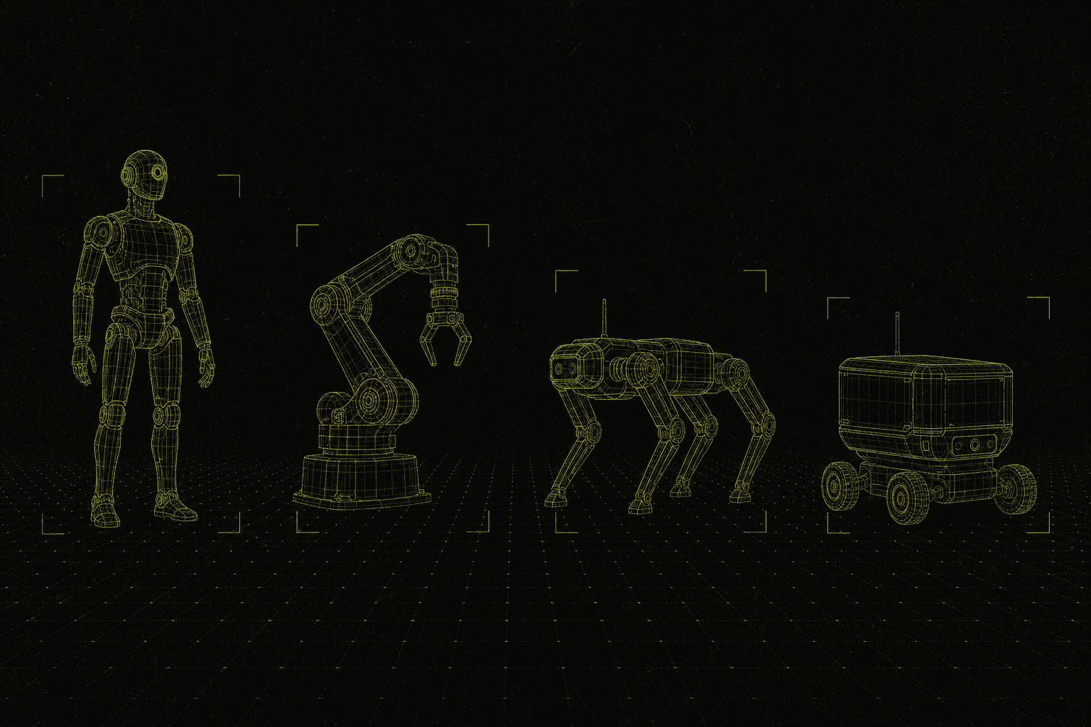 Wireframe lineup of a humanoid, a robot arm, a quadruped and a delivery rover